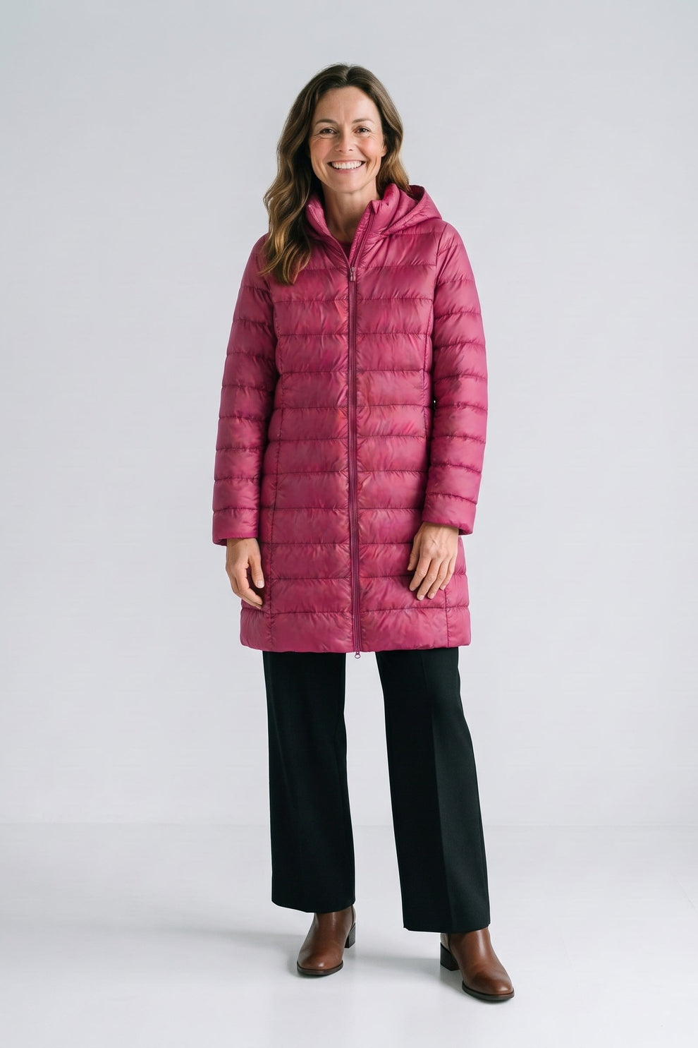 Women's Long Puffer Jacket | Hooded — Dark Pink — front view — on model