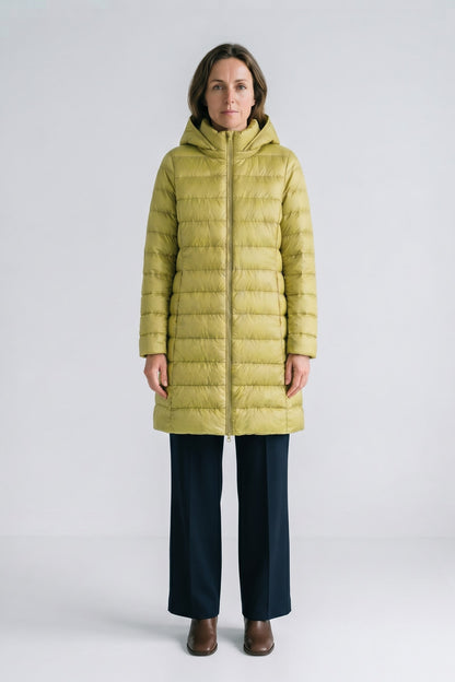 Women's Long Puffer Jacket | Hooded — Green — front view — on model