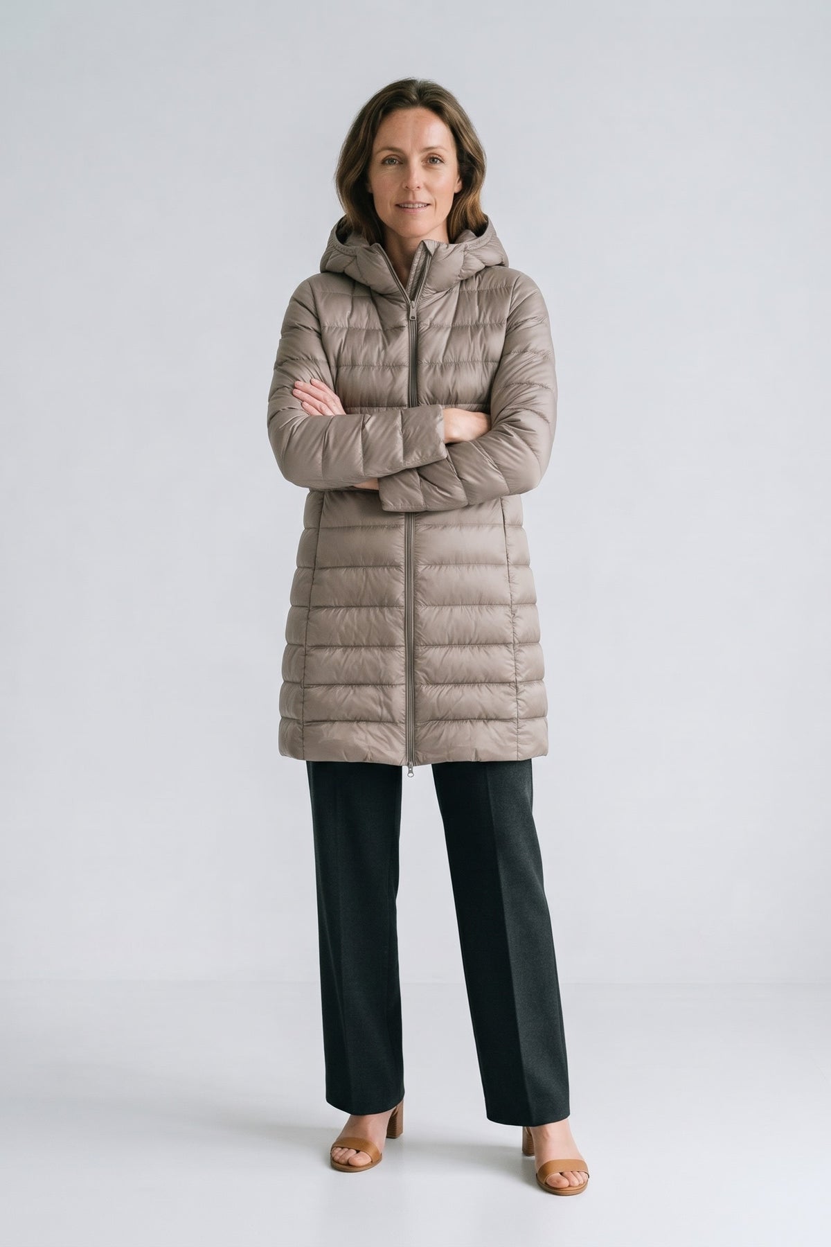 Women's Long Puffer Jacket | Hooded — Khaki — front view — on model