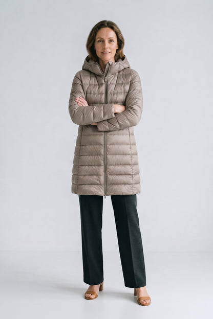 Women's Long Puffer Jacket | Hooded — Khaki — front view — on model
