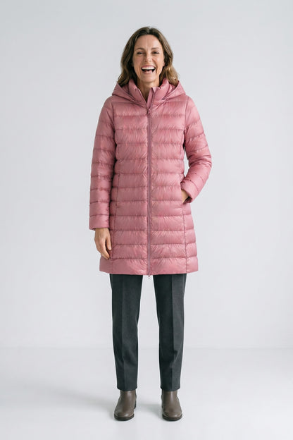 Women's Long Puffer Jacket | Hooded — Pink — front view — on model