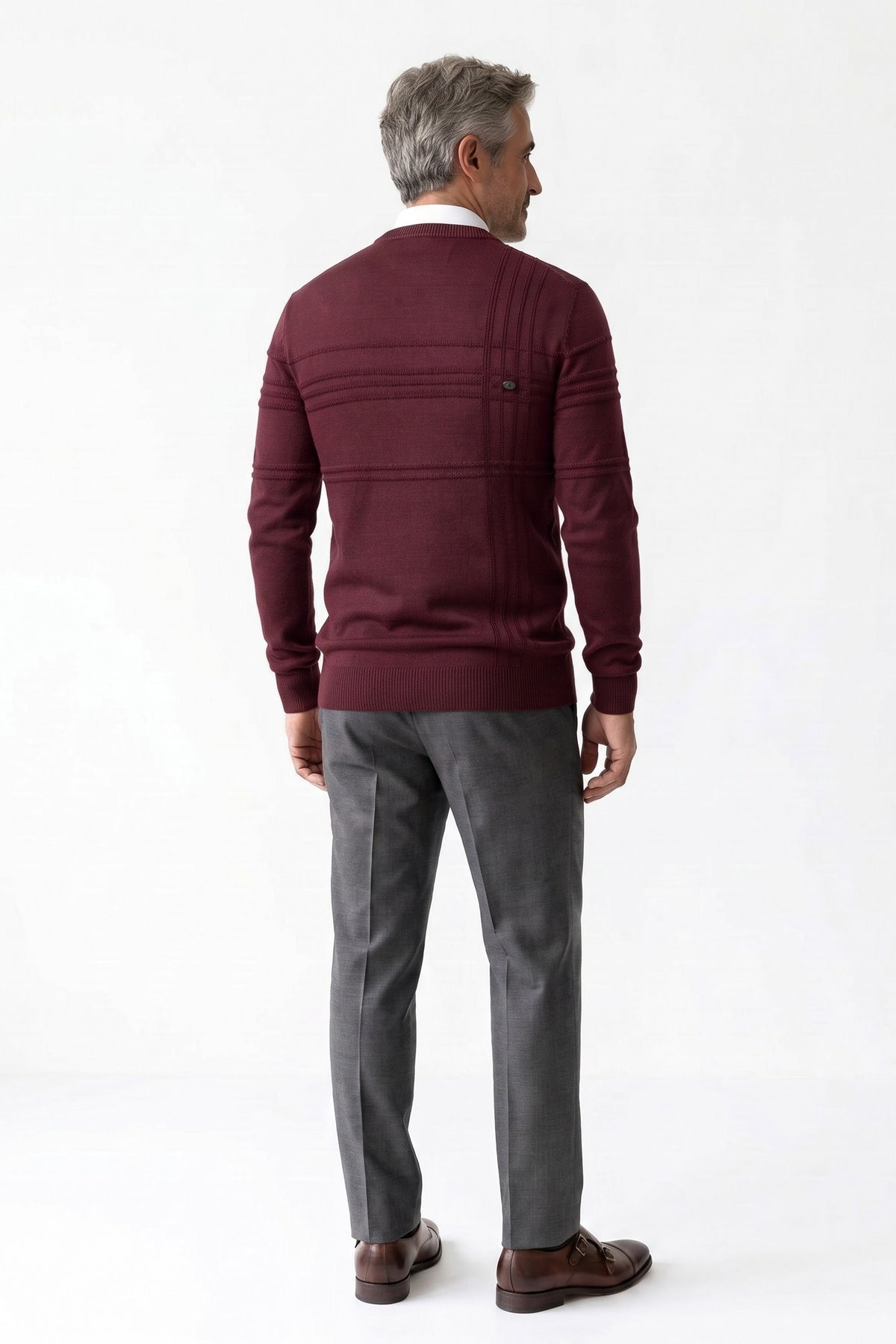 Men's Striped Crew Sweater | Ribbed Hem — Red — back view — on model