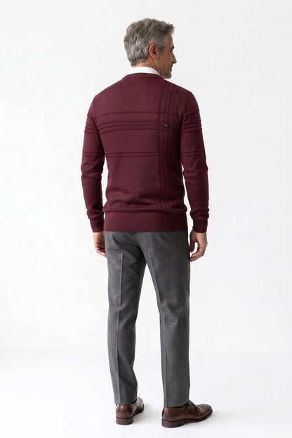 Men's Striped Crew Sweater | Ribbed Hem — Red — back view — on model