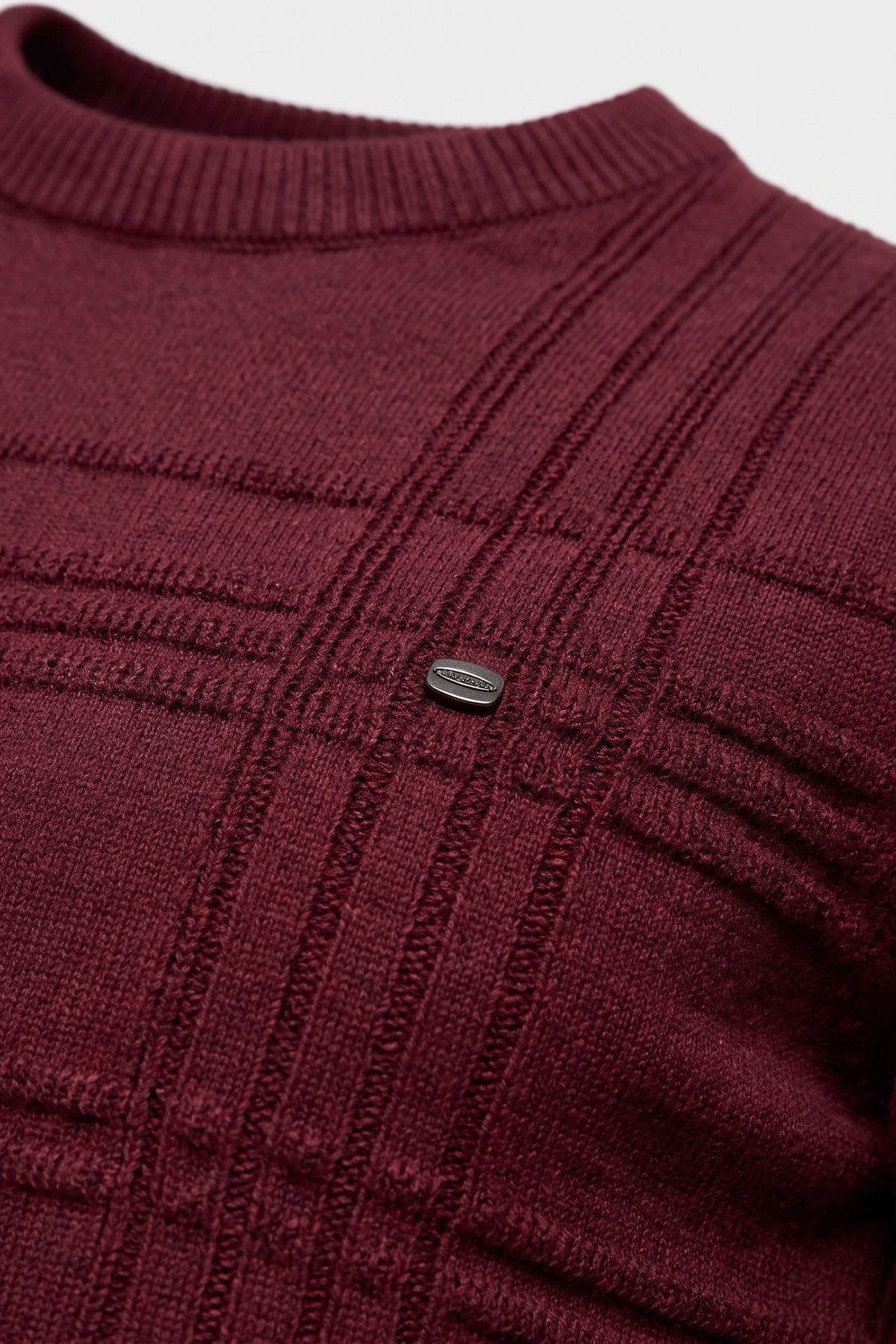 Men's Striped Crew Sweater | Ribbed Hem — Red — detail — on model