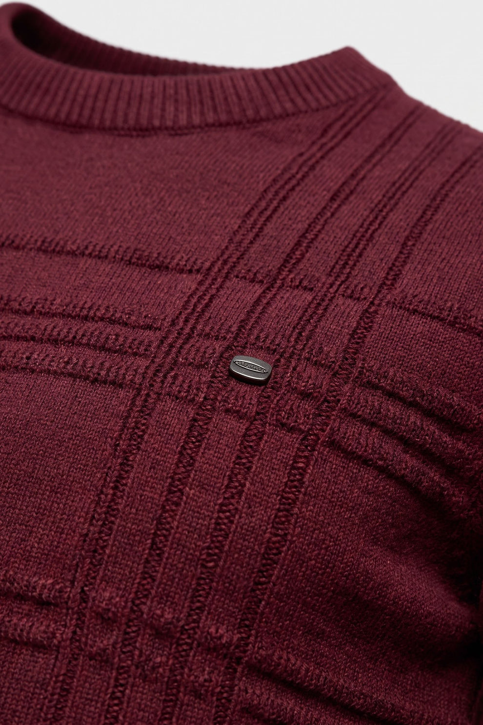 Men's Striped Crew Sweater | Ribbed Hem — Red — detail — on model