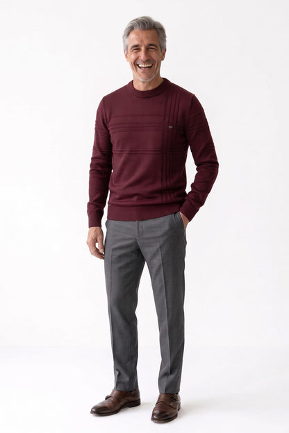Men's Striped Crew Sweater | Ribbed Hem — Red — front view — on model