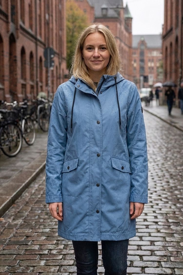 Women's hooded raincoat with drawstring hood and flap pockets – 13