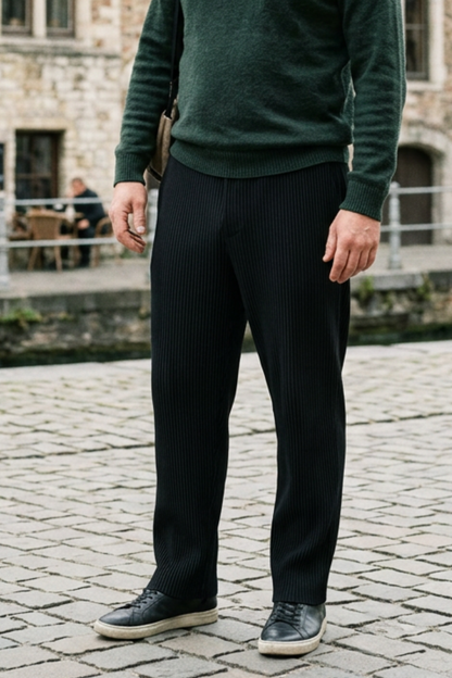Men's Ribbed Straight Cut Trousers with Elastic Waistband