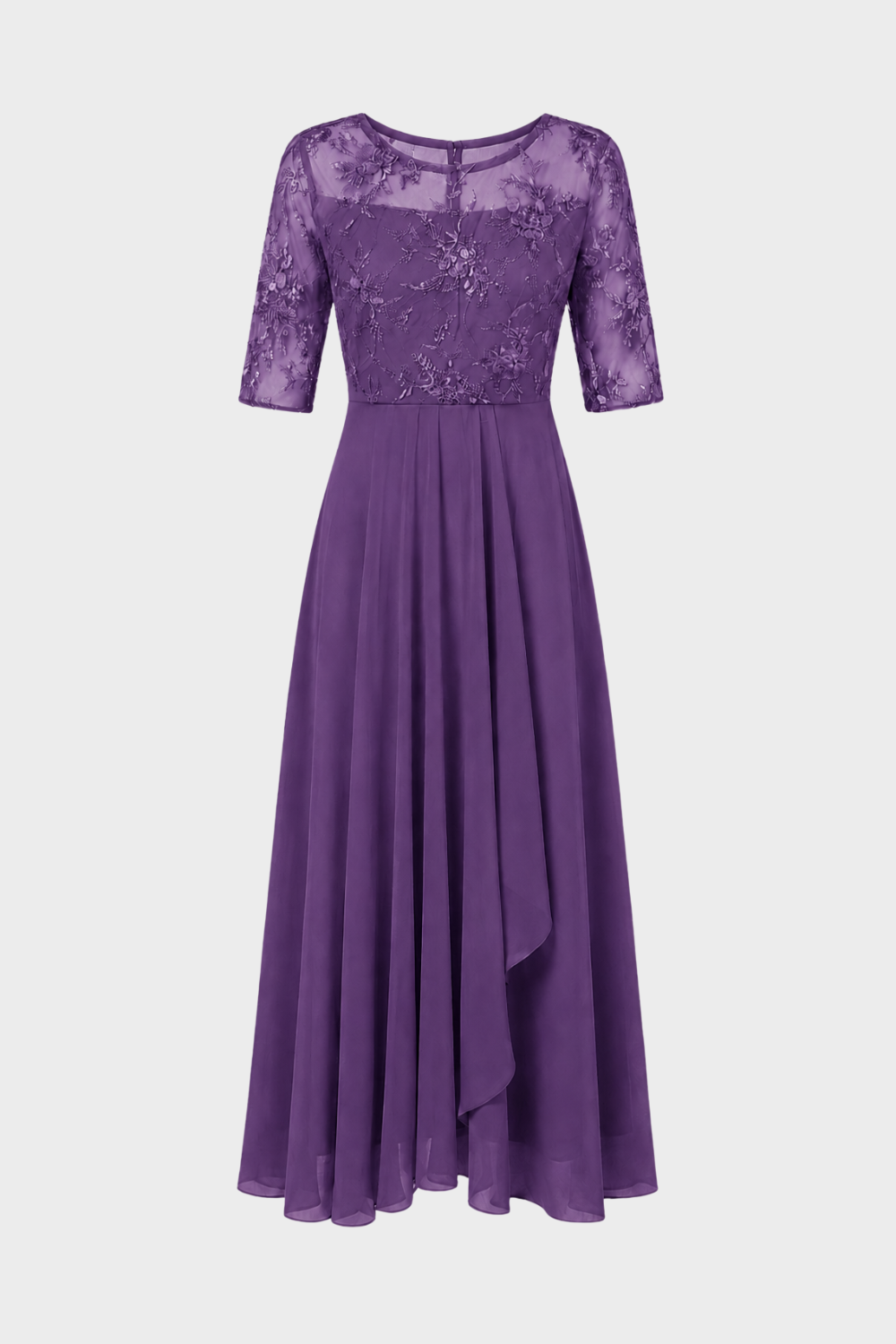 Champagne Women's Chiffon Maxi Dress with Lace Top and 3/4 Sleeves