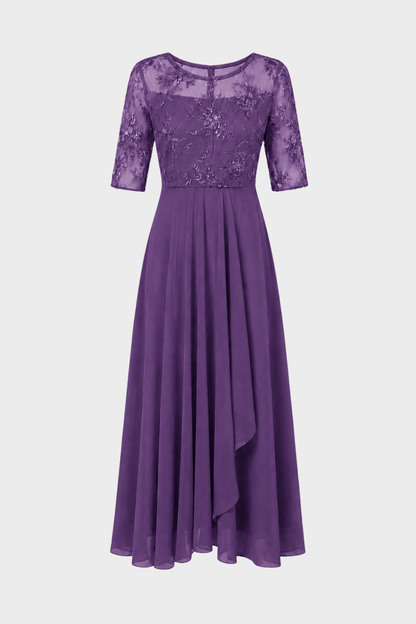 Champagne Women's Chiffon Maxi Dress with Lace Top and 3/4 Sleeves