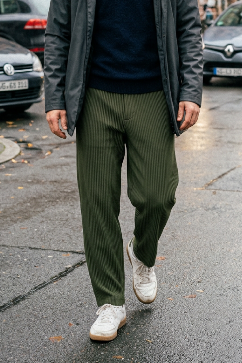 Men's Ribbed Straight Cut Trousers with Elastic Waistband