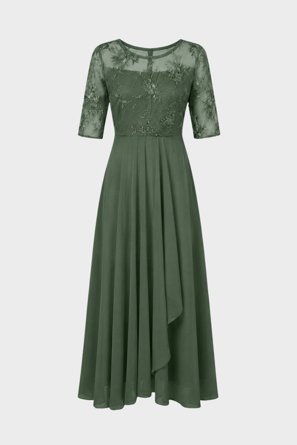Champagne Women's Chiffon Maxi Dress with Lace Top and 3/4 Sleeves
