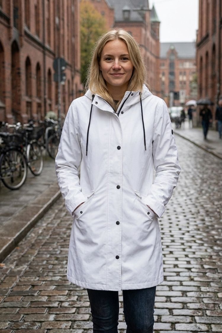Women's hooded raincoat with drawstring hood and flap pockets – 5