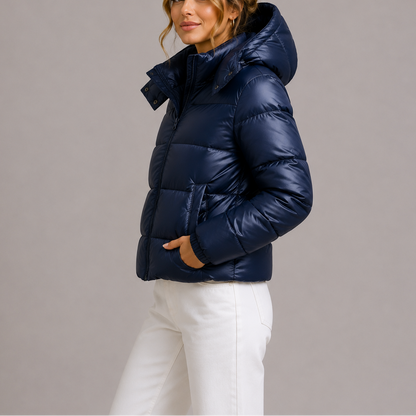 Women's cropped puffer jacket with detachable hood and ribbed cuffs