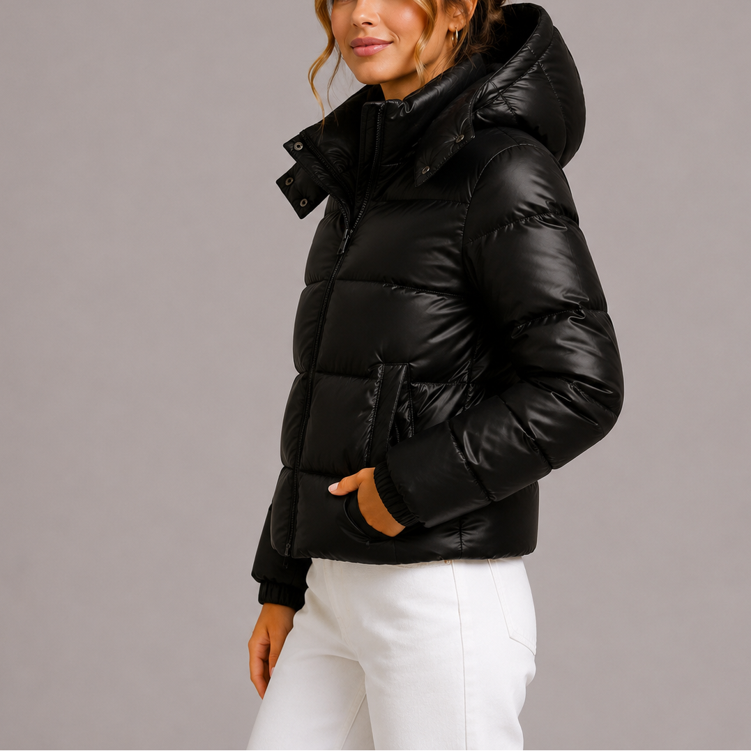 Women's cropped puffer jacket with detachable hood and ribbed cuffs – 3