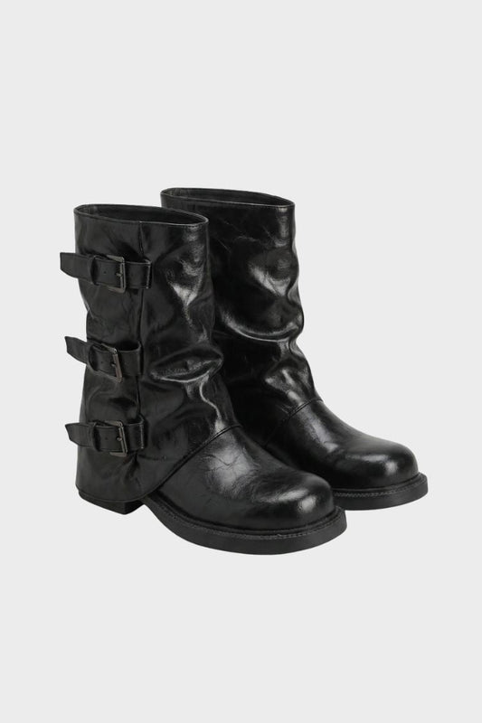 Women's ankle boots with triple buckle straps and slouched shaft