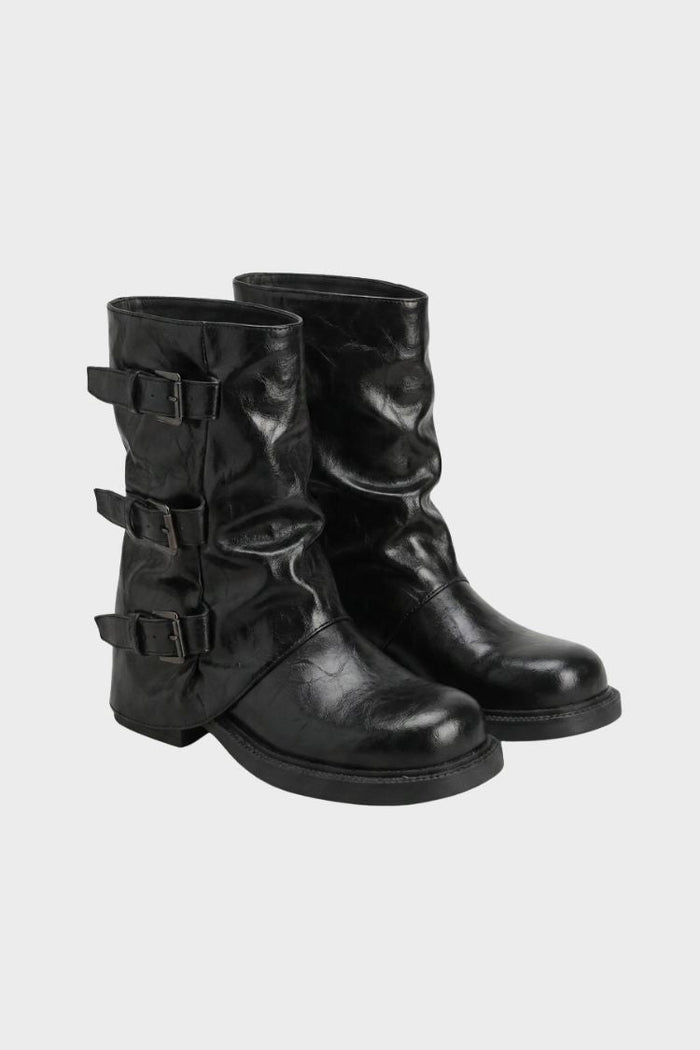 Women's ankle boots with triple buckle straps and slouched shaft