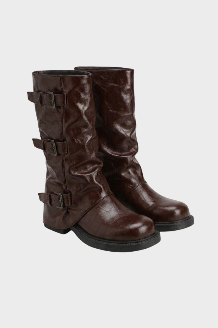 Women's ankle boots with triple buckle straps and slouched shaft – 9