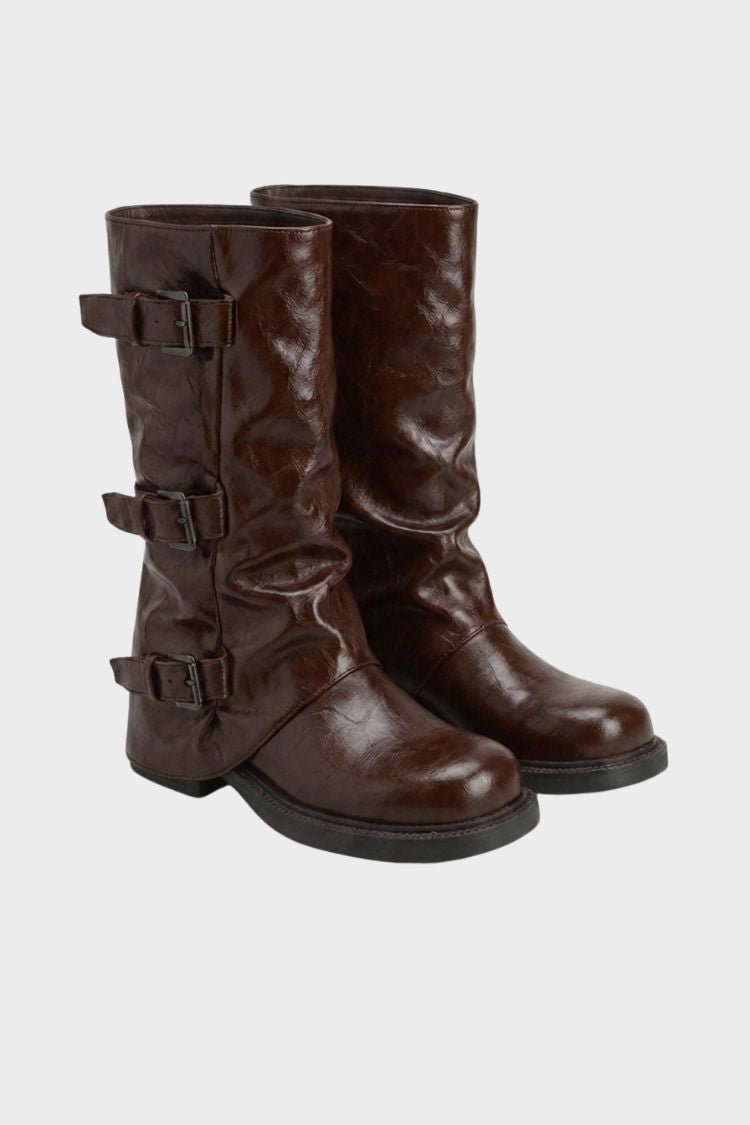 Women's ankle boots with triple buckle straps and slouched shaft – 10
