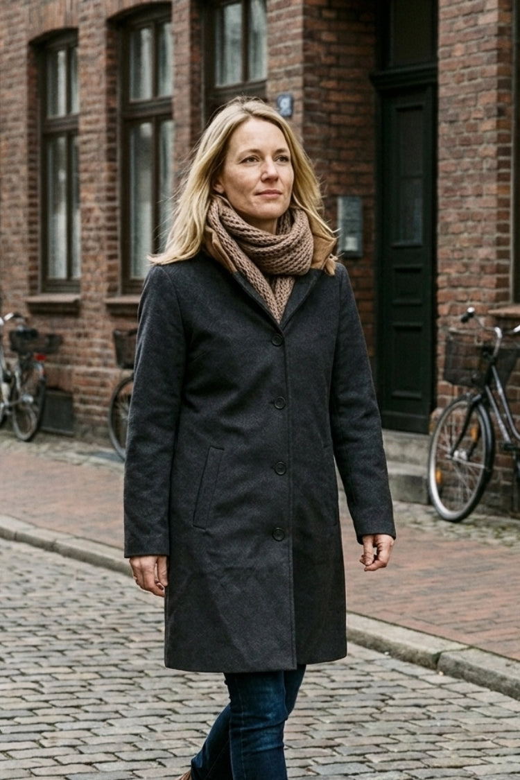 Women's knee-length coat with stand collar and button-front closure – 18