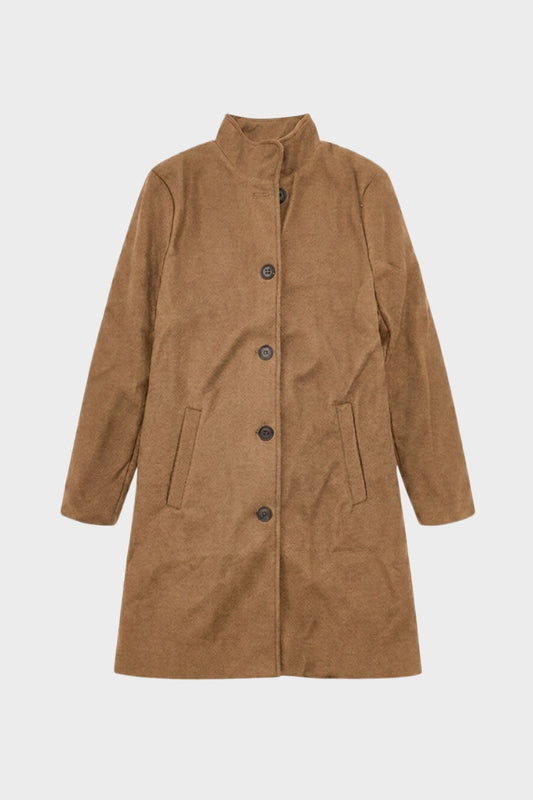Women's knee-length coat with stand collar and button-front closure