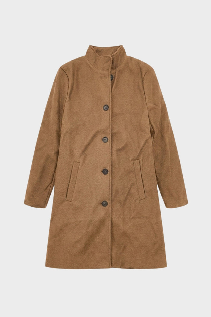 Women's knee-length coat with stand collar and button-front closure