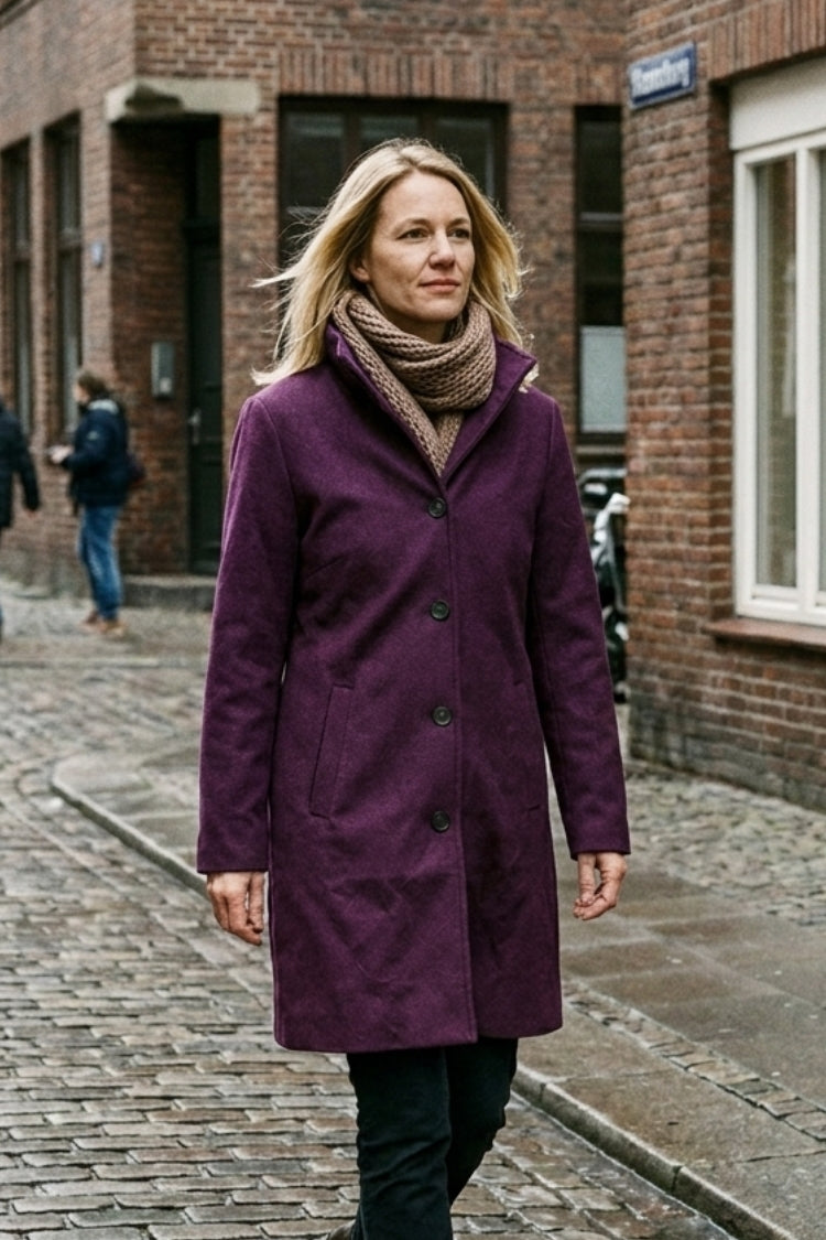 Women's knee-length coat with stand collar and button-front closure – 19