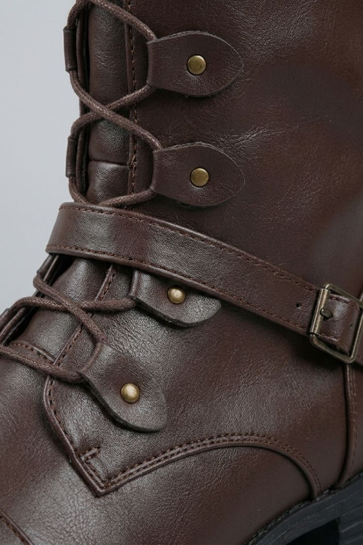 Women's knee-high lace-up boots with buckle straps and stud details – 2