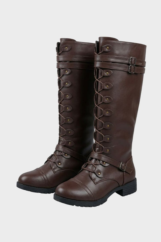 Women's knee-high lace-up boots with buckle straps and stud details