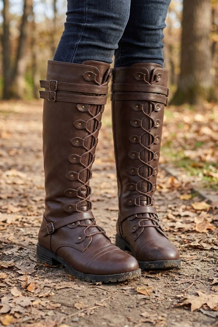 Women's knee-high lace-up boots with buckle straps and stud details – 5