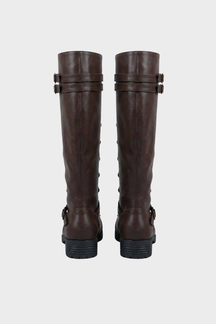 Women's knee-high lace-up boots with buckle straps and stud details – 3