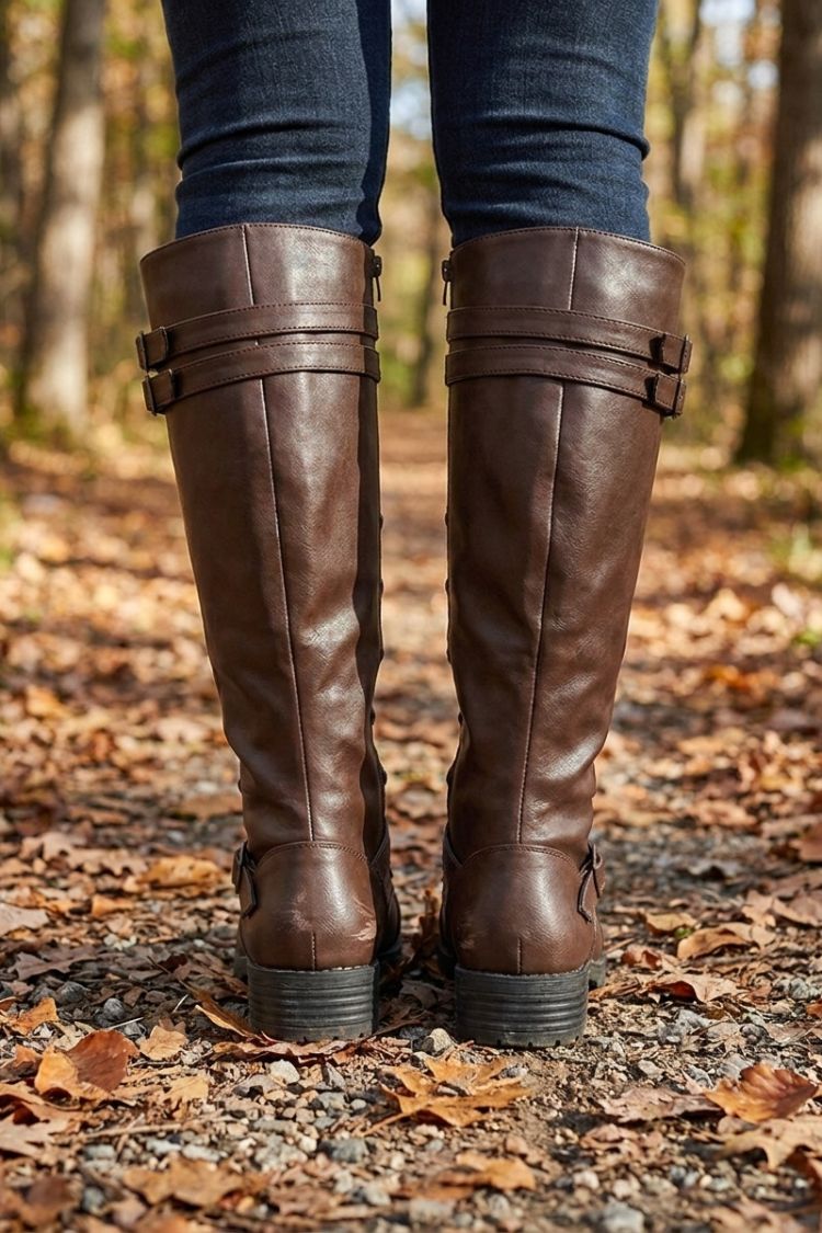 Women's knee-high lace-up boots with buckle straps and stud details – 4