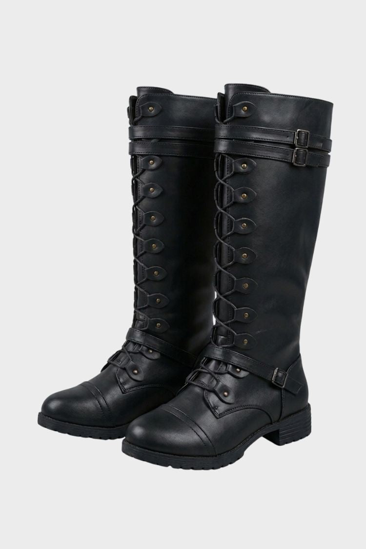 Women's knee-high lace-up boots with buckle straps and stud details – 7