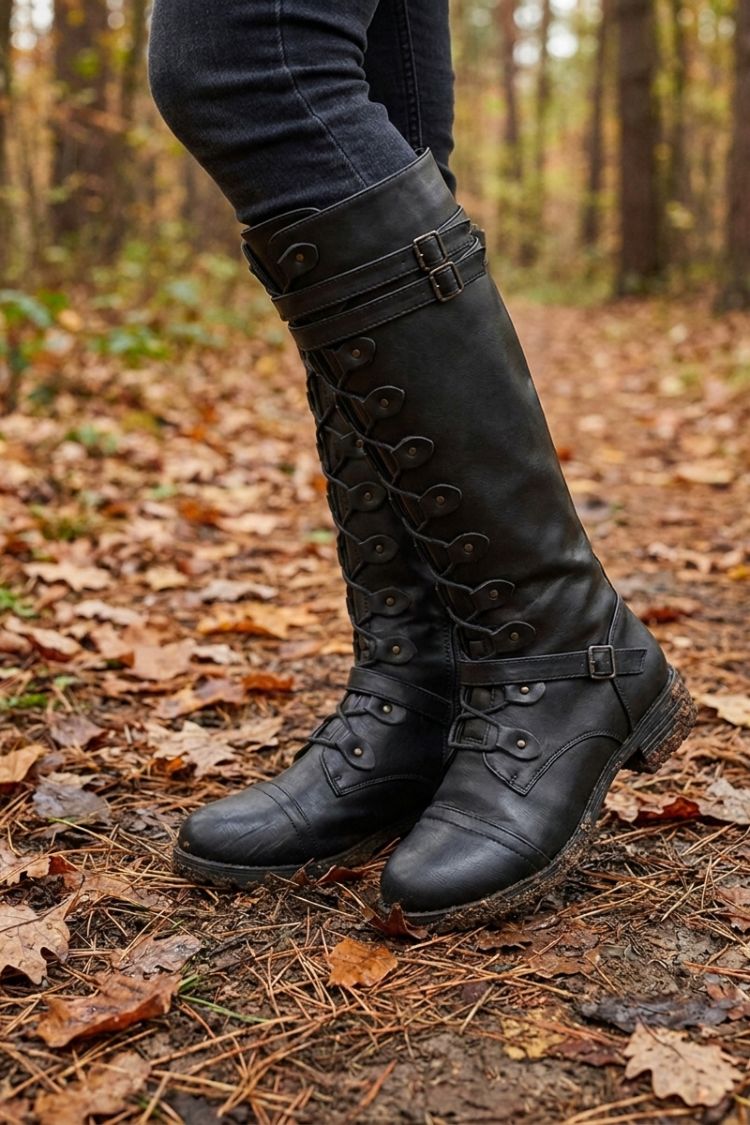 Women's knee-high lace-up boots with buckle straps and stud details – 9