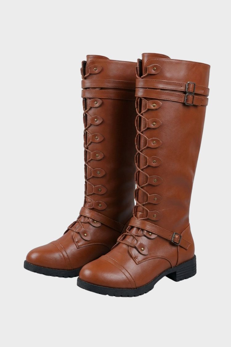 Women's knee-high lace-up boots with buckle straps and stud details – 6