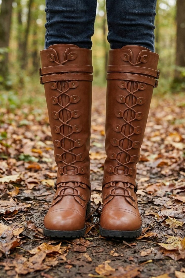 Women's knee-high lace-up boots with buckle straps and stud details – 8