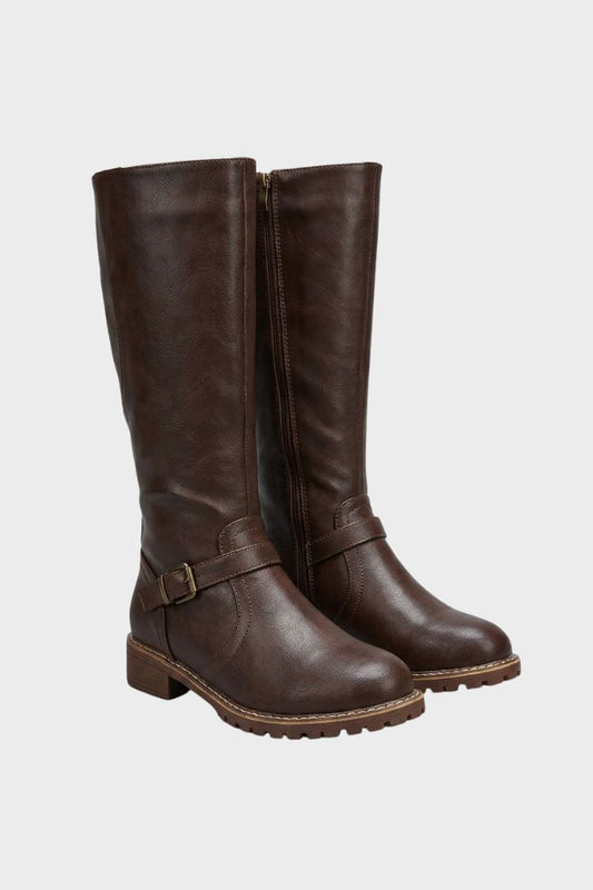 Women's knee-high boots with round toe, side zip, and block heel