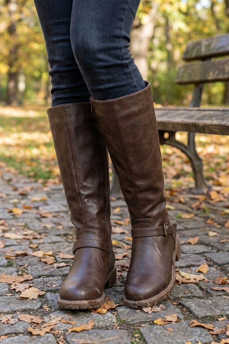 Women's knee-high boots with round toe, side zip, and block heel – 5
