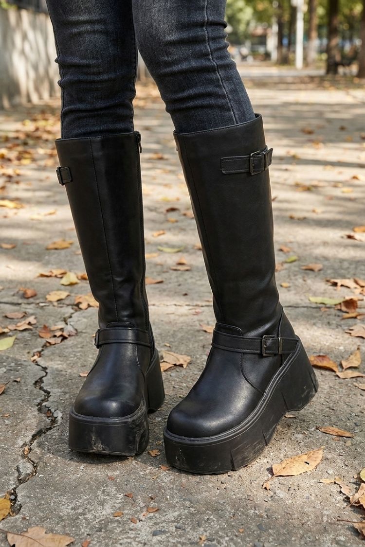 Women's knee-high platform boots with buckle straps and chunky block heel – 5