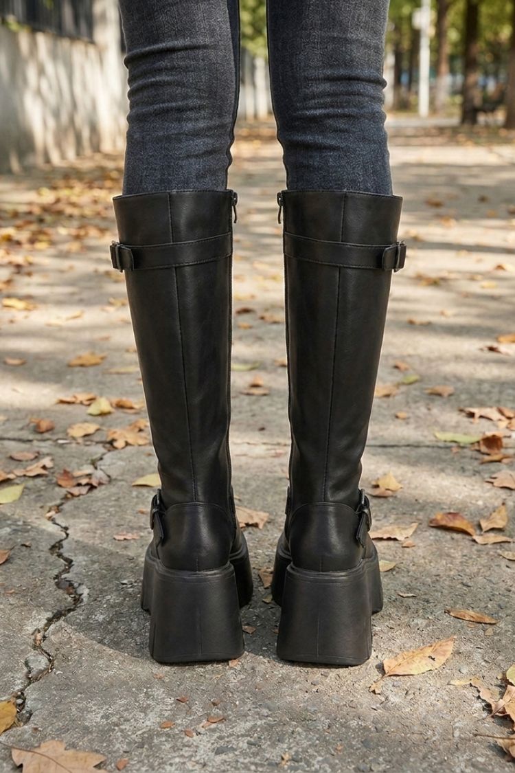 Women's knee-high platform boots with buckle straps and chunky block heel – 4
