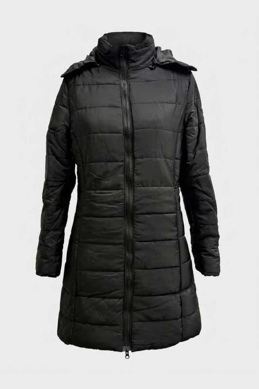 Women's long puffer coat with funnel hood and front zip closure
