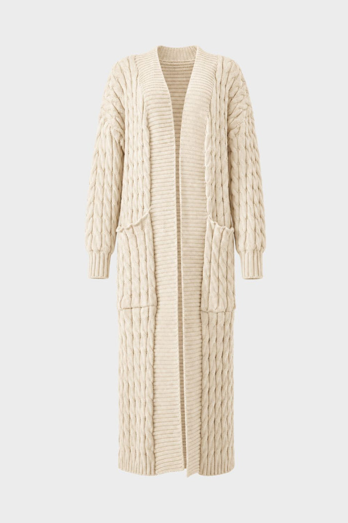 Women's floor-length cardigan with ribbed collar and cable-pattern texture