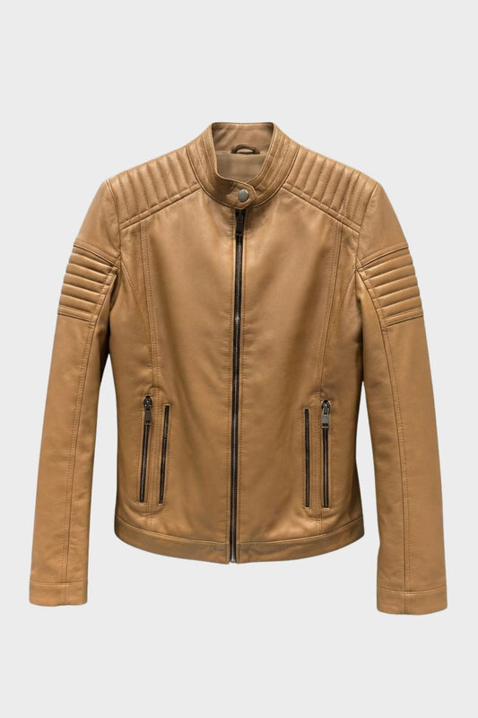 Men's biker jacket with band collar and zippered chest pockets