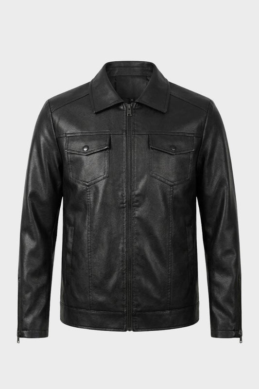 Men's fitted biker jacket with pointed collar and chest flap pockets