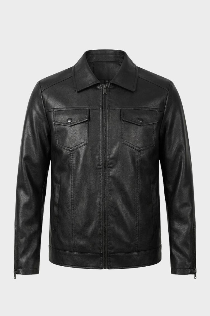 Men's fitted biker jacket with pointed collar and chest flap pockets