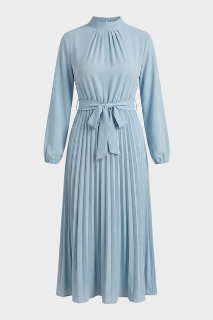 Pleated Midi Dress for Women with Long Sleeves and Belt