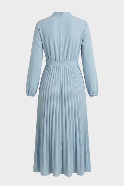 Pleated Midi Dress for Women with Long Sleeves and Belt