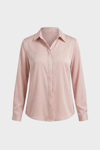 Women's Long Sleeve Collared Blouse with Button Placket