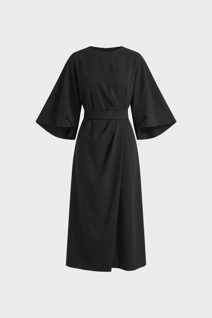 Women's Midi Dress with Belt and Wide Sleeves