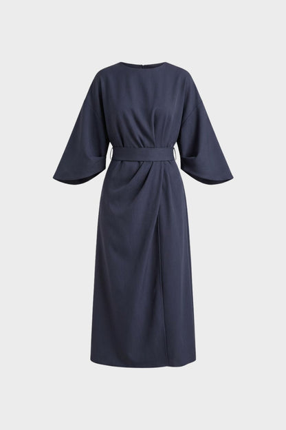 Women's Midi Dress with Belt and Wide Sleeves